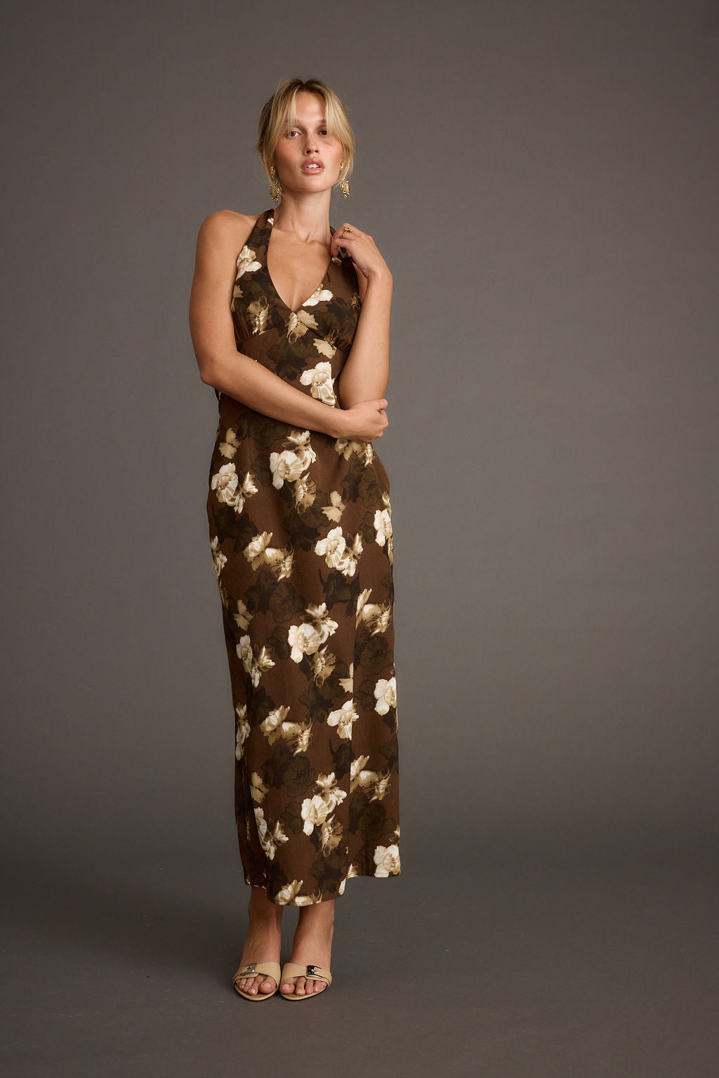 Audrina Brown Floral Halter Maxi Dress