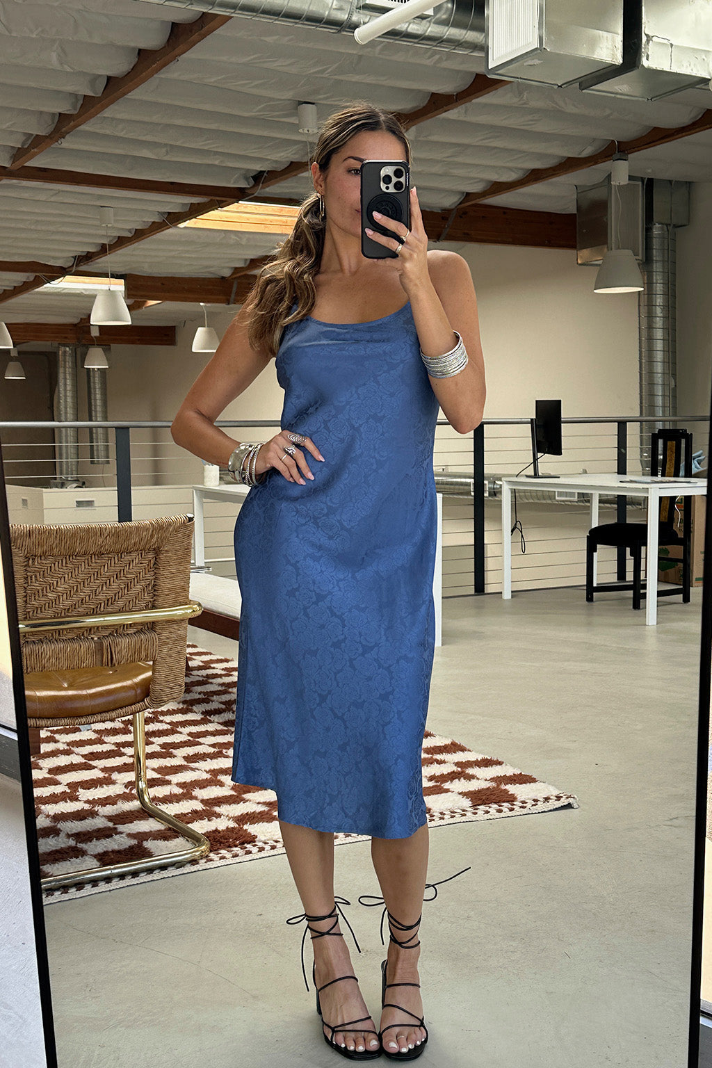 Aubrey Blue Satin Jacquard Midi Dress