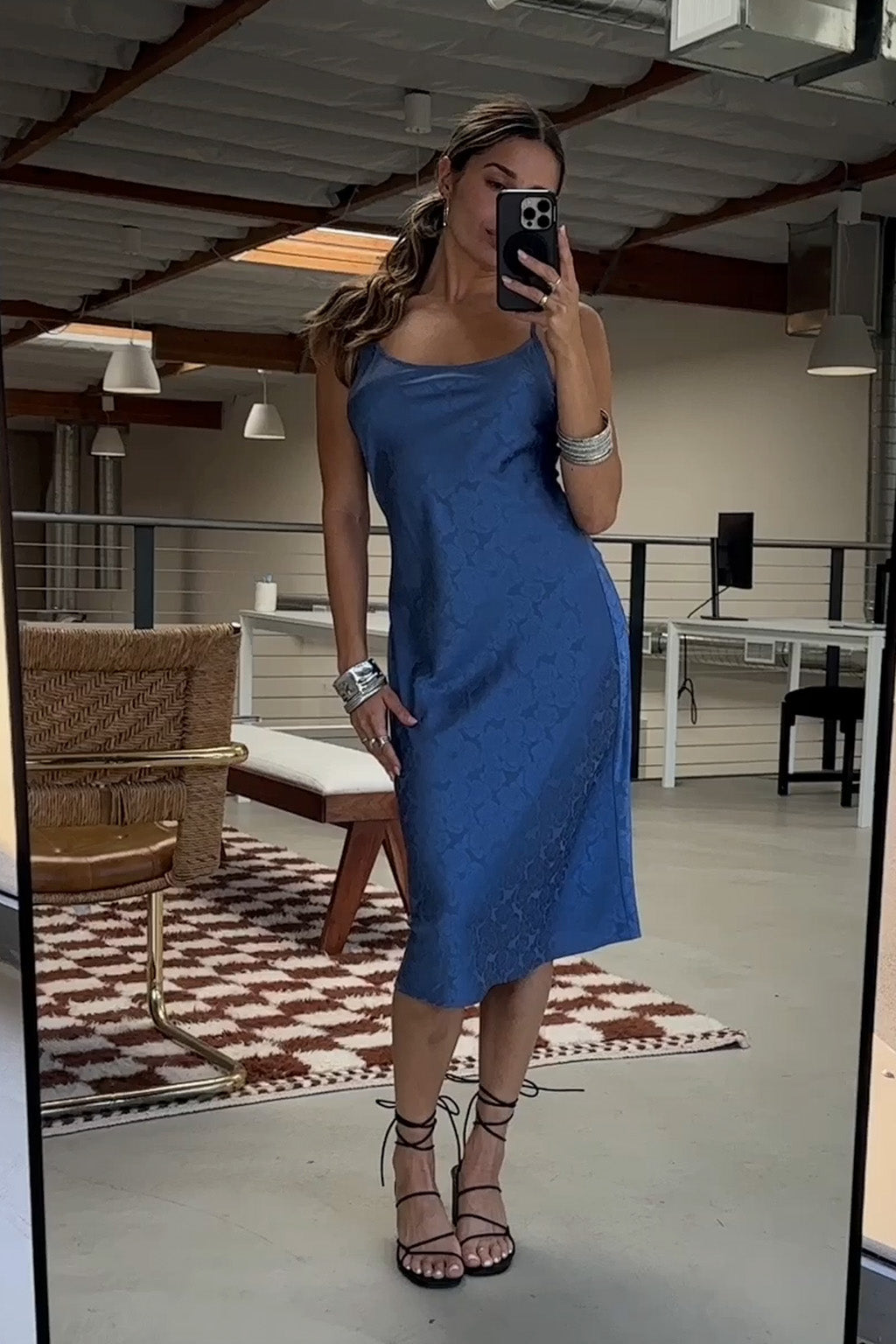 Aubrey Blue Satin Jacquard Midi Dress